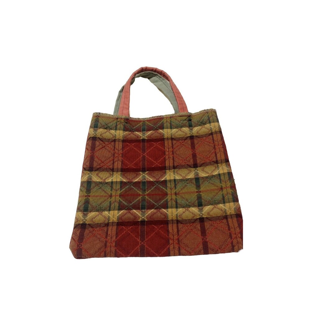 Handmade Homemade Embroidered Little Tote Bag Stitched Multicolor Argyle Print